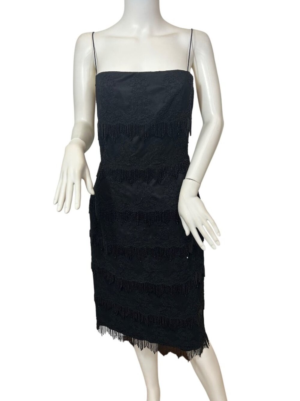 Carmen Marc Valvo Black  Dress 8 Sheath Flapper Style Tiered Beaded Fringe Lace